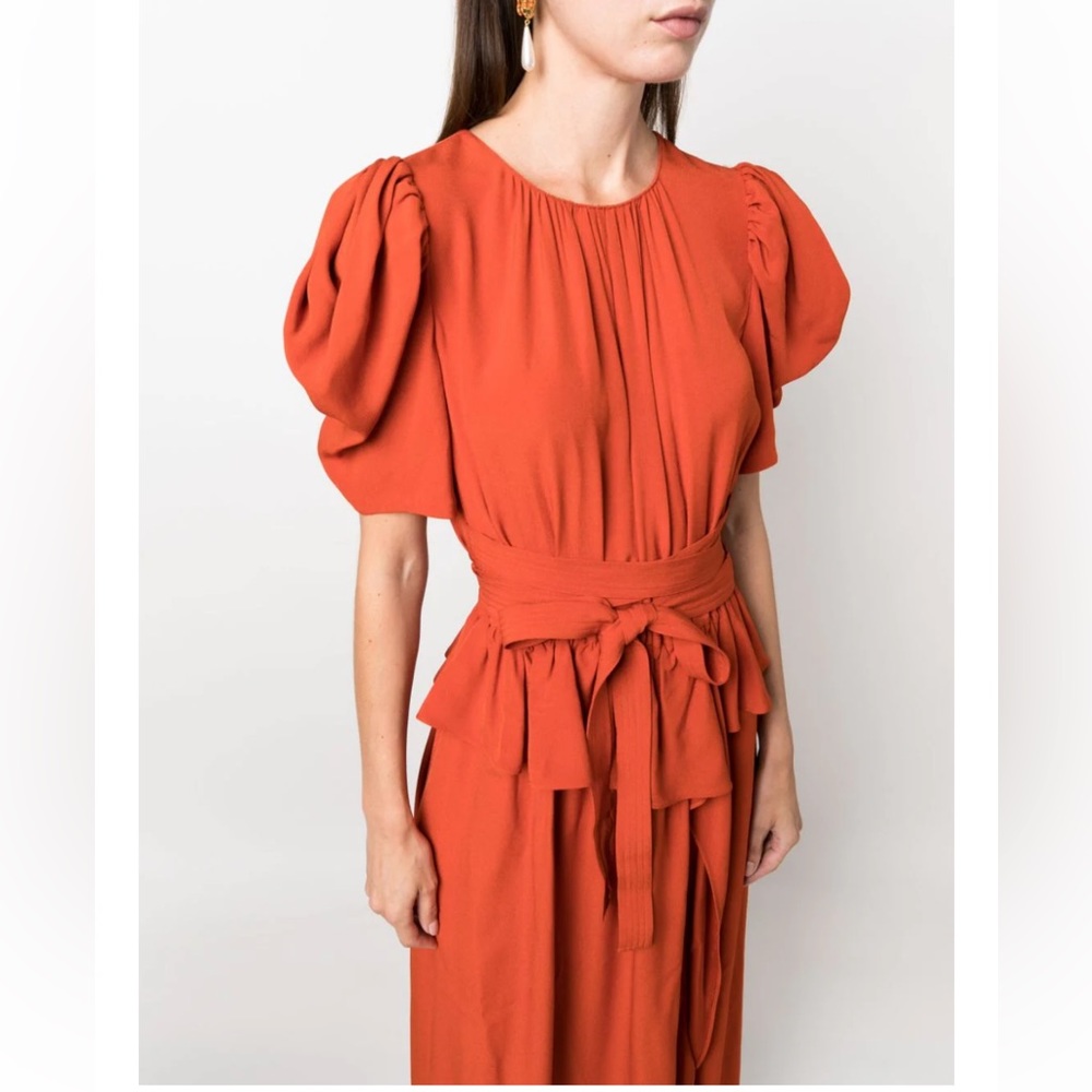 Ulla Johnson, Marion Puff-Sleeve Belted Peplum Midi Dress In Noir Red Size 6 - Picture 4 of 10